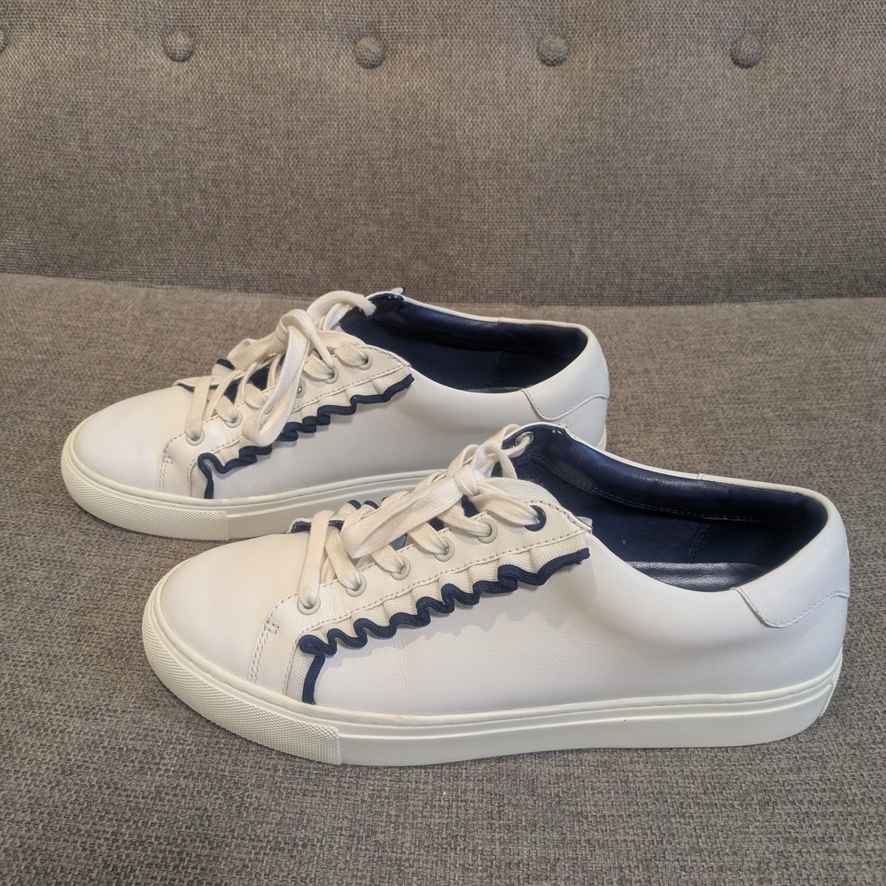 Tory Burch Sport White & Blue Leather Sneakers | Minimalist Casual Shoes - Picture 4 of 12
